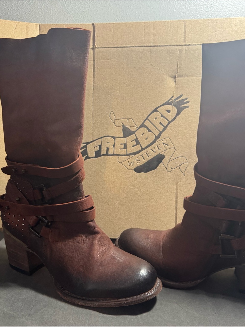 Freebird by Steven Dark Brown Leather Mid-Calf Studded Strap Boots